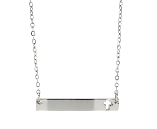 Cross cut out horizontal bar necklace - stainless steel silver