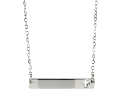 Cross cut out horizontal bar necklace - stainless steel silver