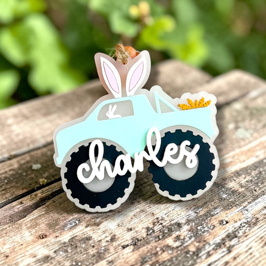 Monster truck easter basket tag