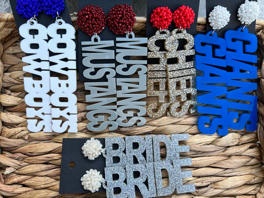 Game Day earrings Personalized custom high school- college- football- team name- spirit wear gear- 1 inch bead topper