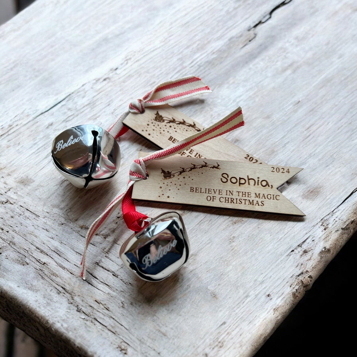 Christmas Believe bell with personalized tag