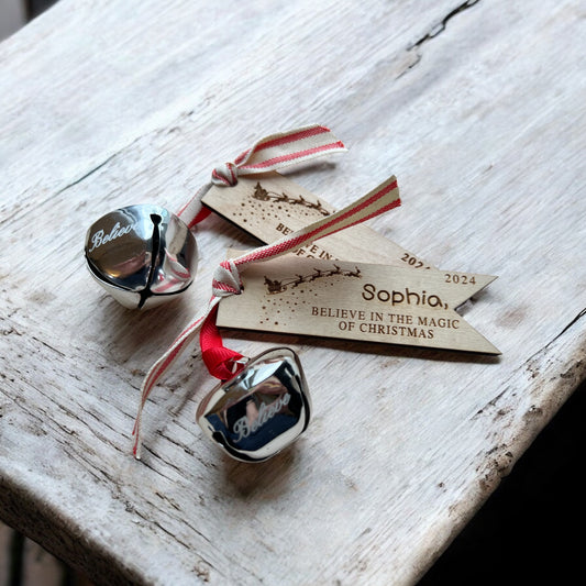 Christmas Believe bell with personalized tag