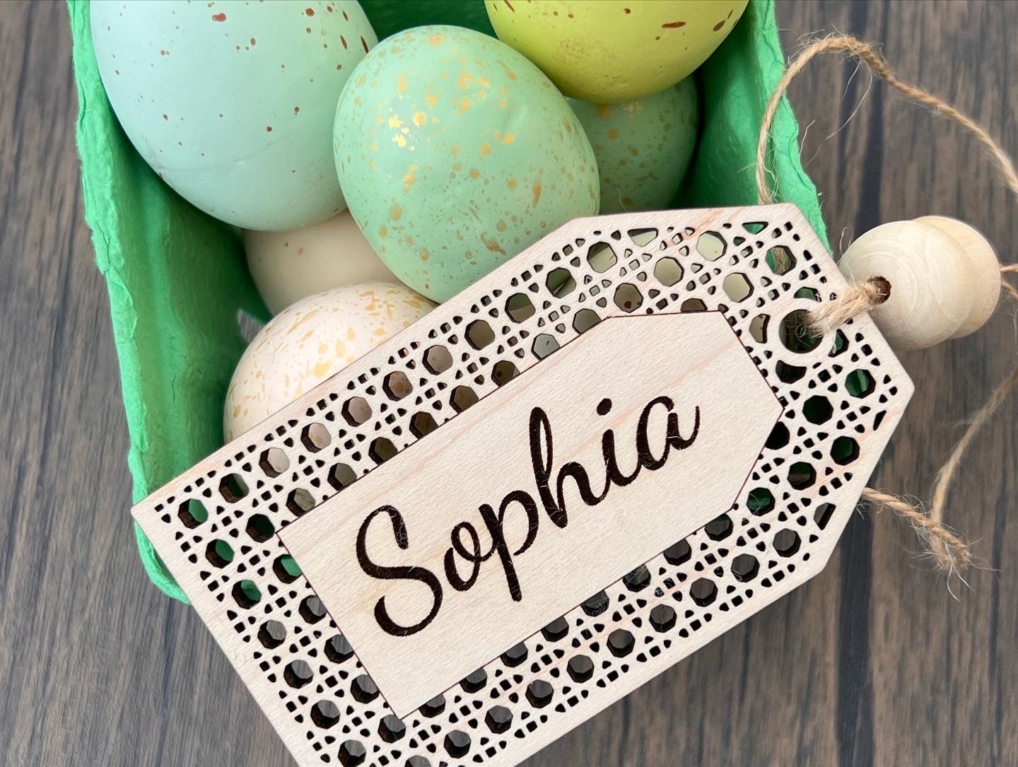 Rattan easter basket tags with wooden beads