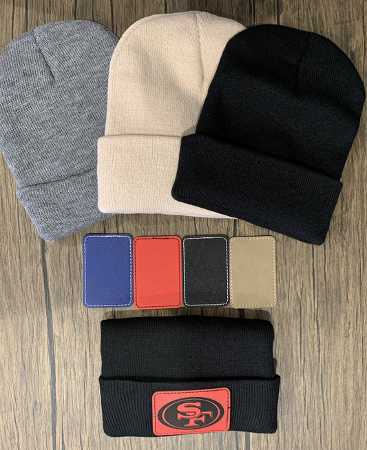Leather patched beanies