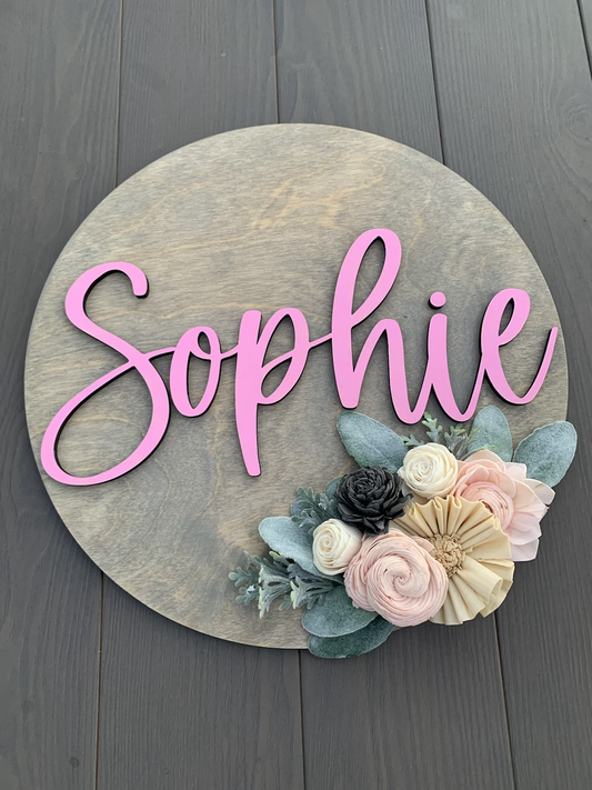 Nursery round - Name with sola flowers 15 inch