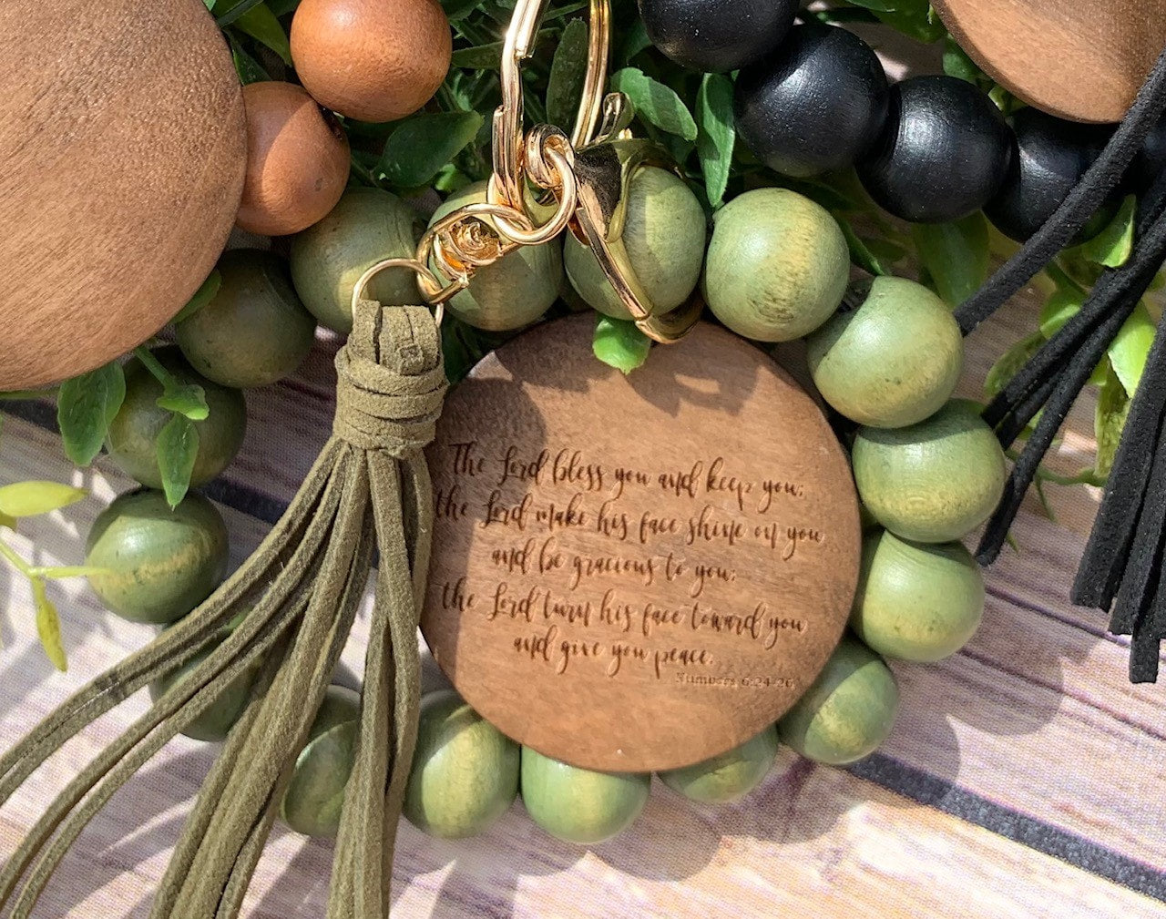Customizable Wood Bead Keychain with Tassle