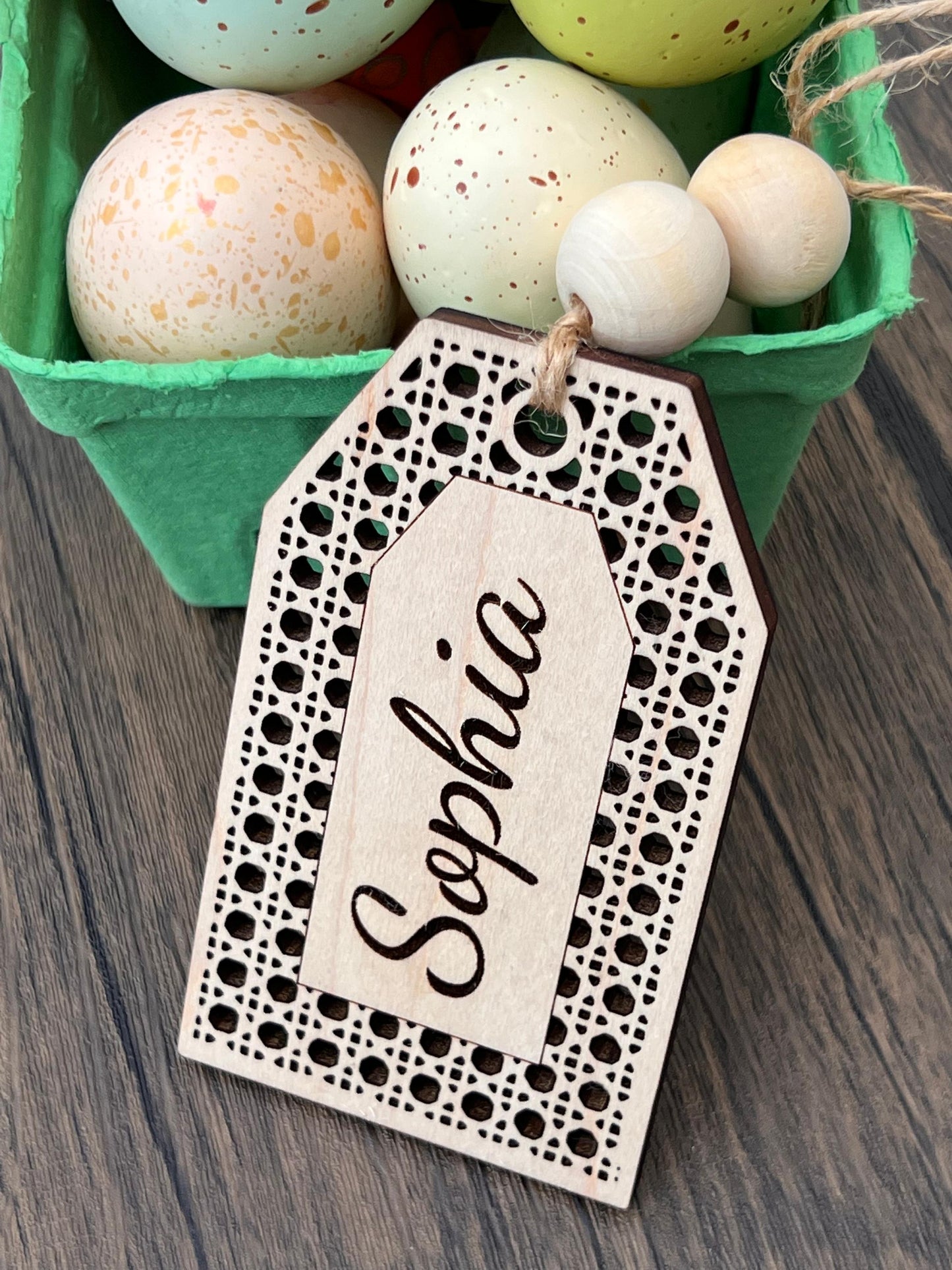 Rattan easter basket tags with wooden beads