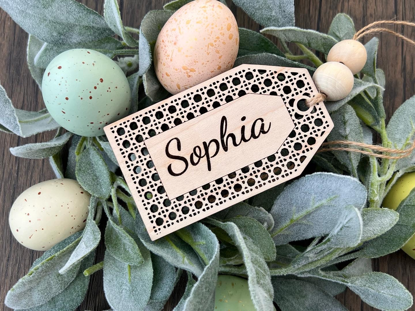 Rattan easter basket tags with wooden beads