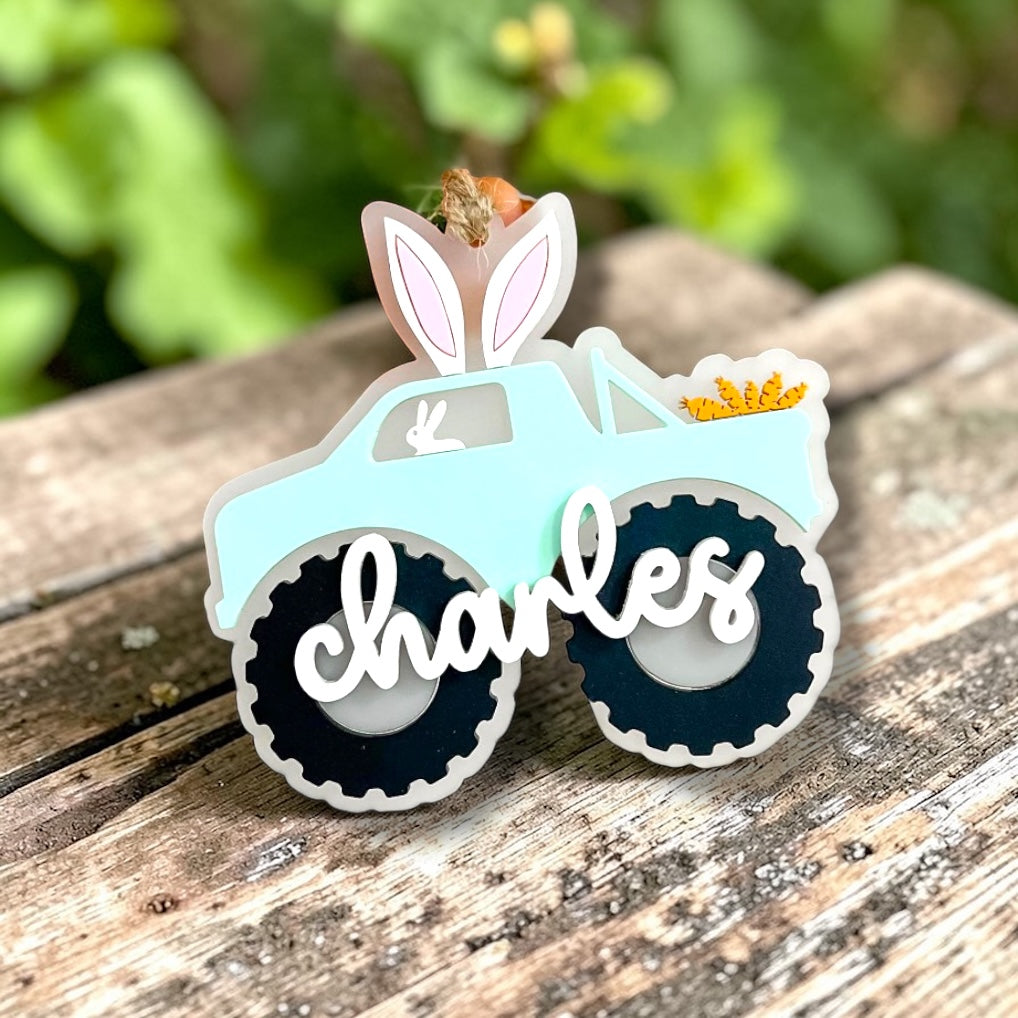 Monster truck easter basket tag