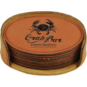 Custom engraved rawhide round leatherette coaster set