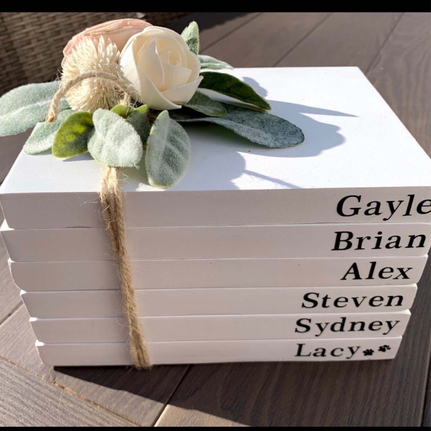 Farmhouse stacked personalized wooden books with Sola Flowers