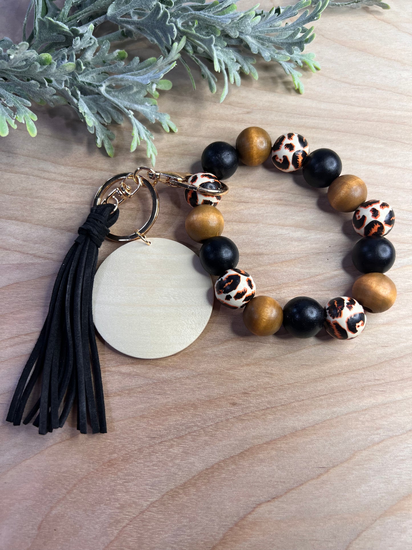 Customizable Cheetah and black wooden keychain with tassle